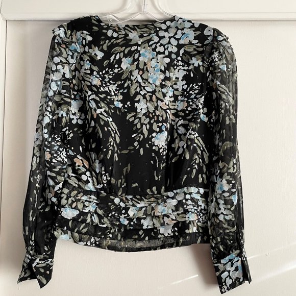 WHBM Floral Metallic Sheer Print Blouse Sz 2 Balloon Sleeve V Lined Black/Blue - Picture 3 of 16